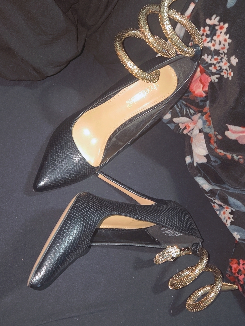 Black Pointed Toe Pumps with Gold Snake Wrap Ankle Strap